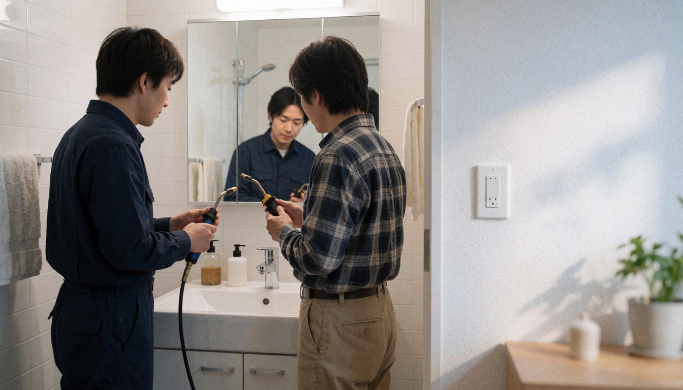 Two plumbers with tools in a modern bathroom with mirror and sink, one holding a soldering pipe, representing professional plumbing service.