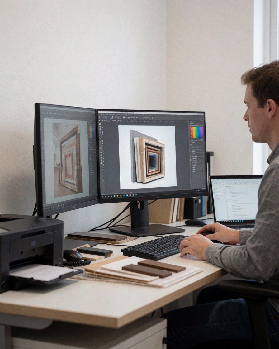 A designer working at a desk with two monitors, wood samples, and a printer in a modern design space.