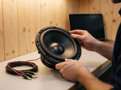 Hands working on a car subwoofer on a table with cables and wooden walls in an audio workshop