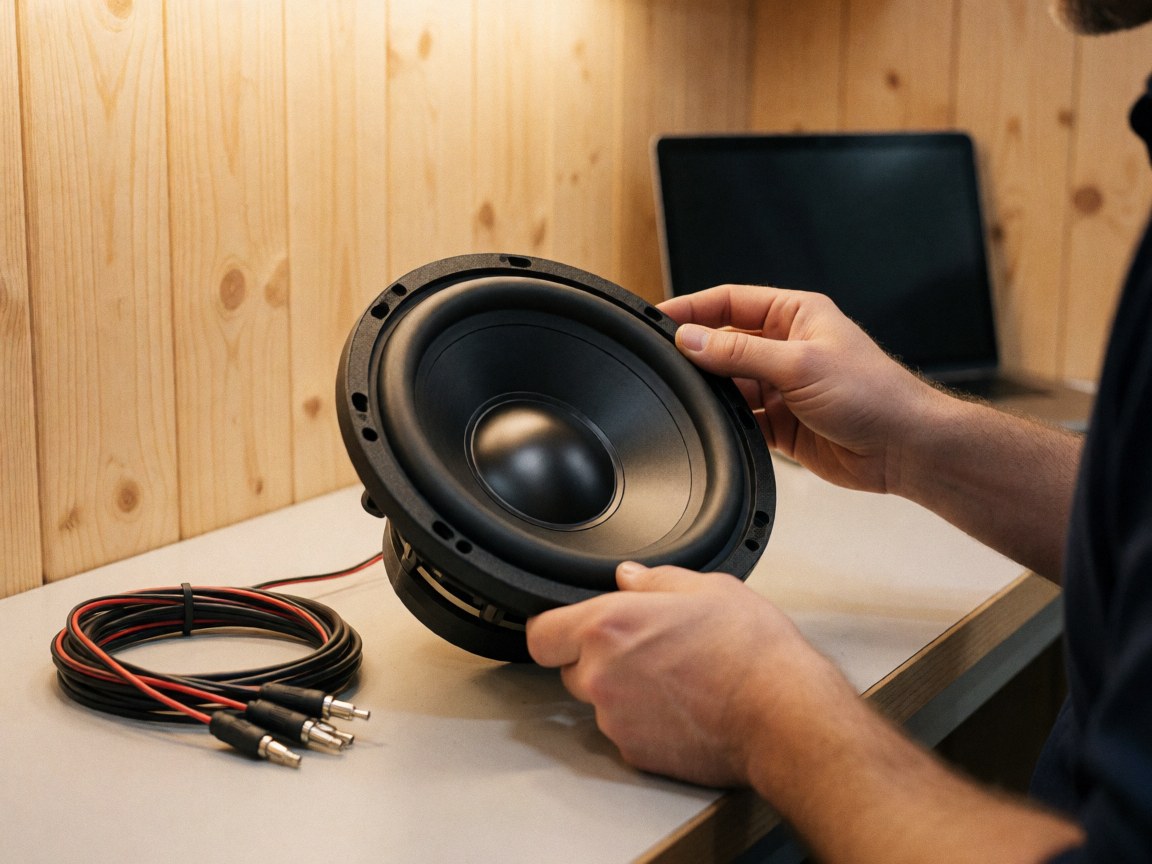 Hands working on a car subwoofer on a table with cables and wooden walls in an audio workshop