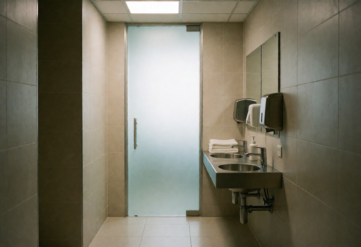 Clean modern bathroom featuring a shower, metal faucet, mirror, and folded towels, suitable for a hypnotherapy center.