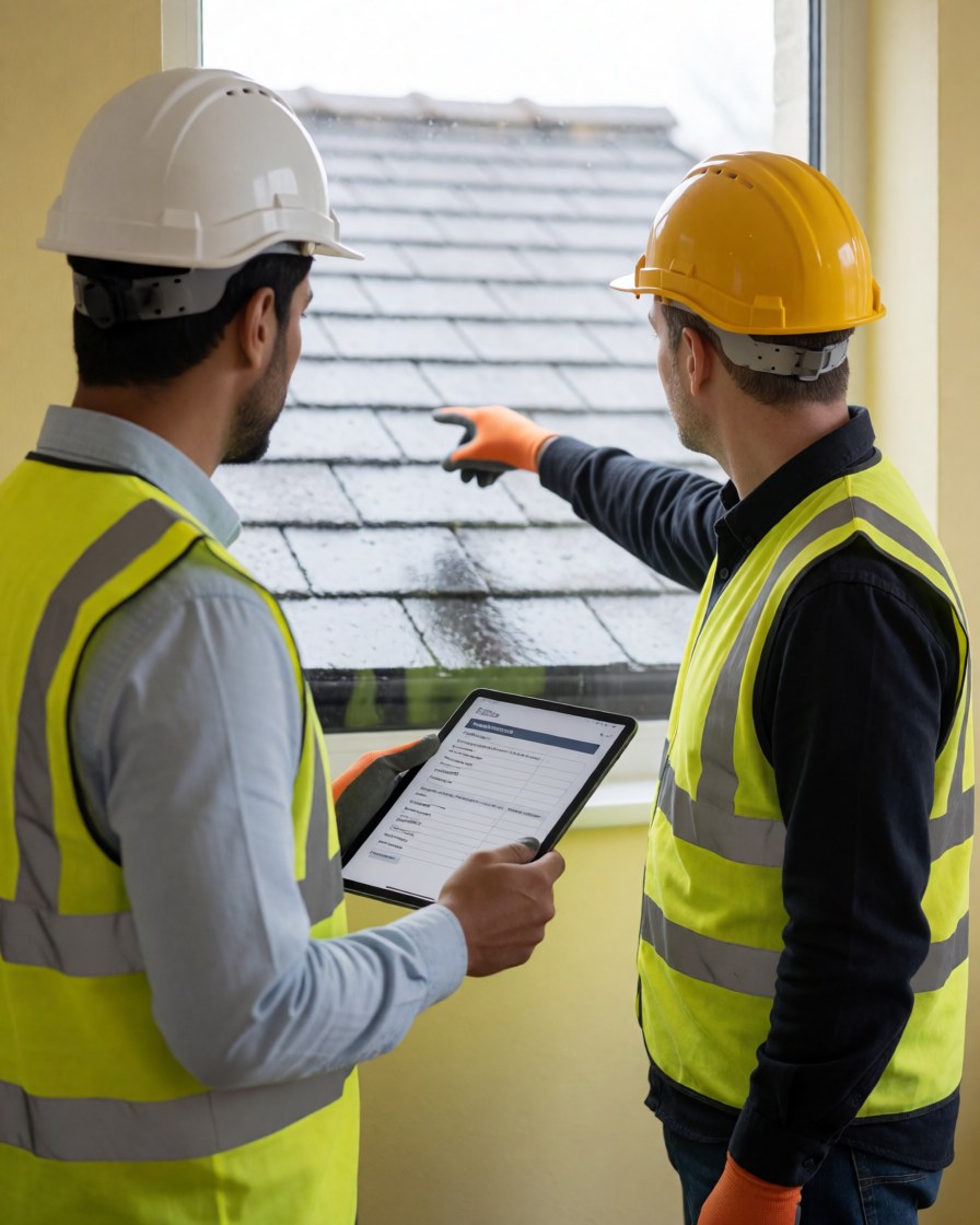 Two workers in hard hats and vests inspect a shingled roof through a window, one pointing while the other holds a tablet with a report.