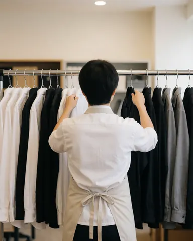 A person from behind arranging white, black, and gray shirts on a metal rack in a clothing store.