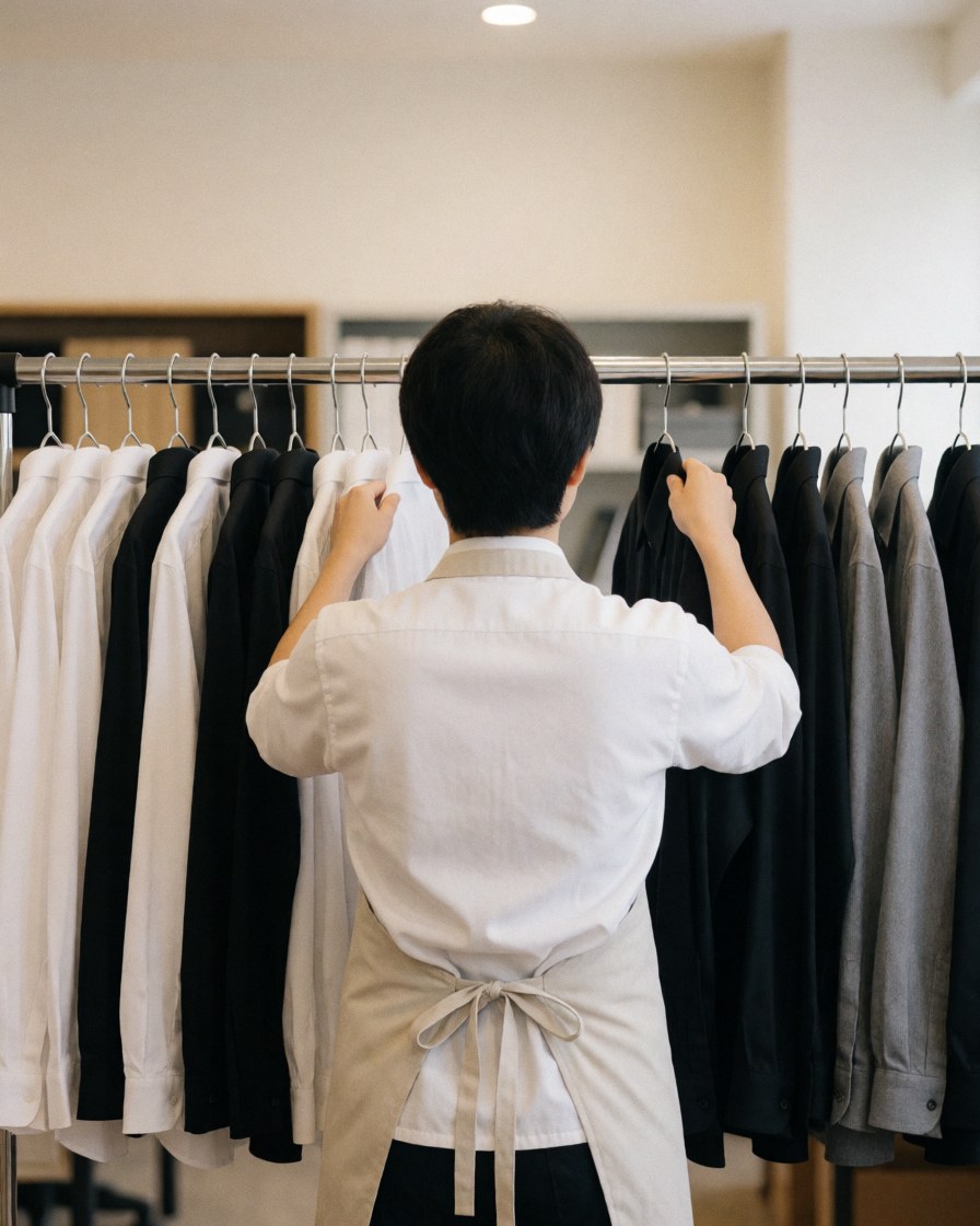 A person from behind arranging white, black, and gray shirts on a metal rack in a clothing store.