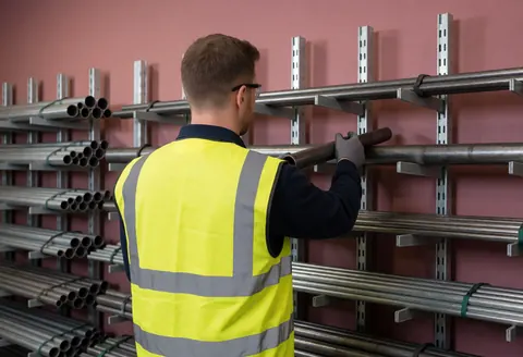 Worker in safety vest selecting steel pipe in organized industrial welding warehouse with metal shelves