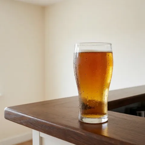 Cold beer glass with condensation drops on a dark wooden bar counter with warm white walls and bright natural light, ideal for a water park.