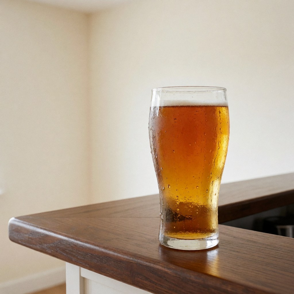 Cold beer glass with condensation drops on a dark wooden bar counter with warm white walls and bright natural light, ideal for a water park.