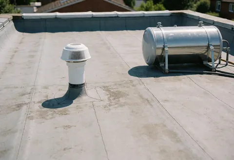 Concrete rooftop featuring a stainless steel water tank and white pipes under bright sunlight, suitable for plumbing repair contexts.