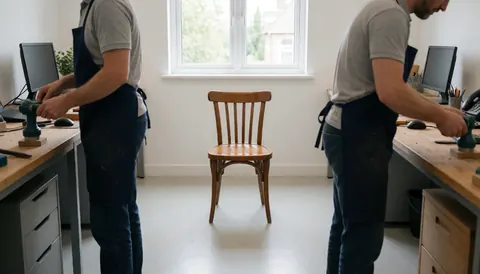 Two professionals restore a wooden chair in a well-lit workshop with work tables and tools, ideal for furniture repair business.