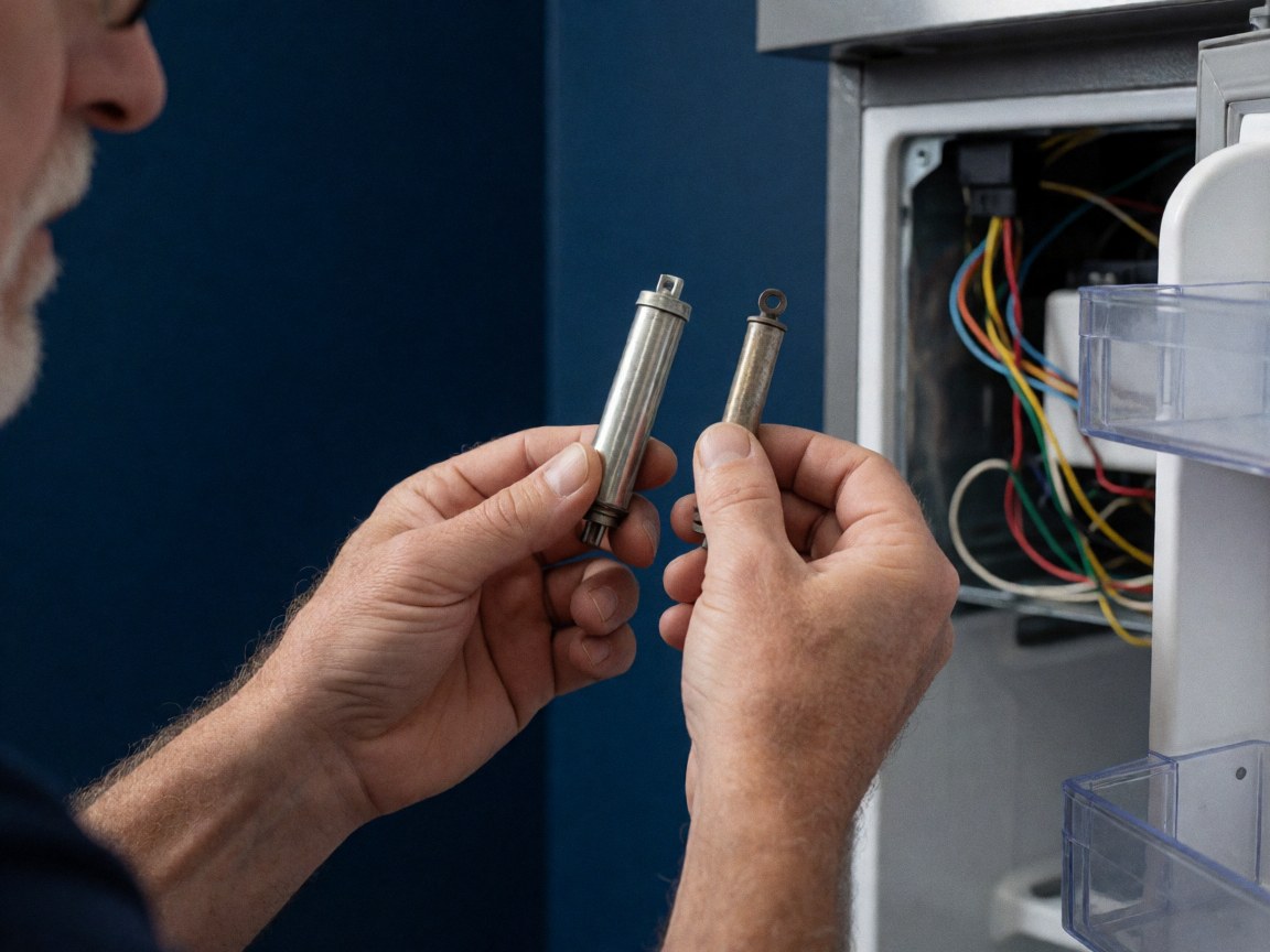 Technician compares a new and old defrost element inside a refrigerator with visible wires against a dark blue wall