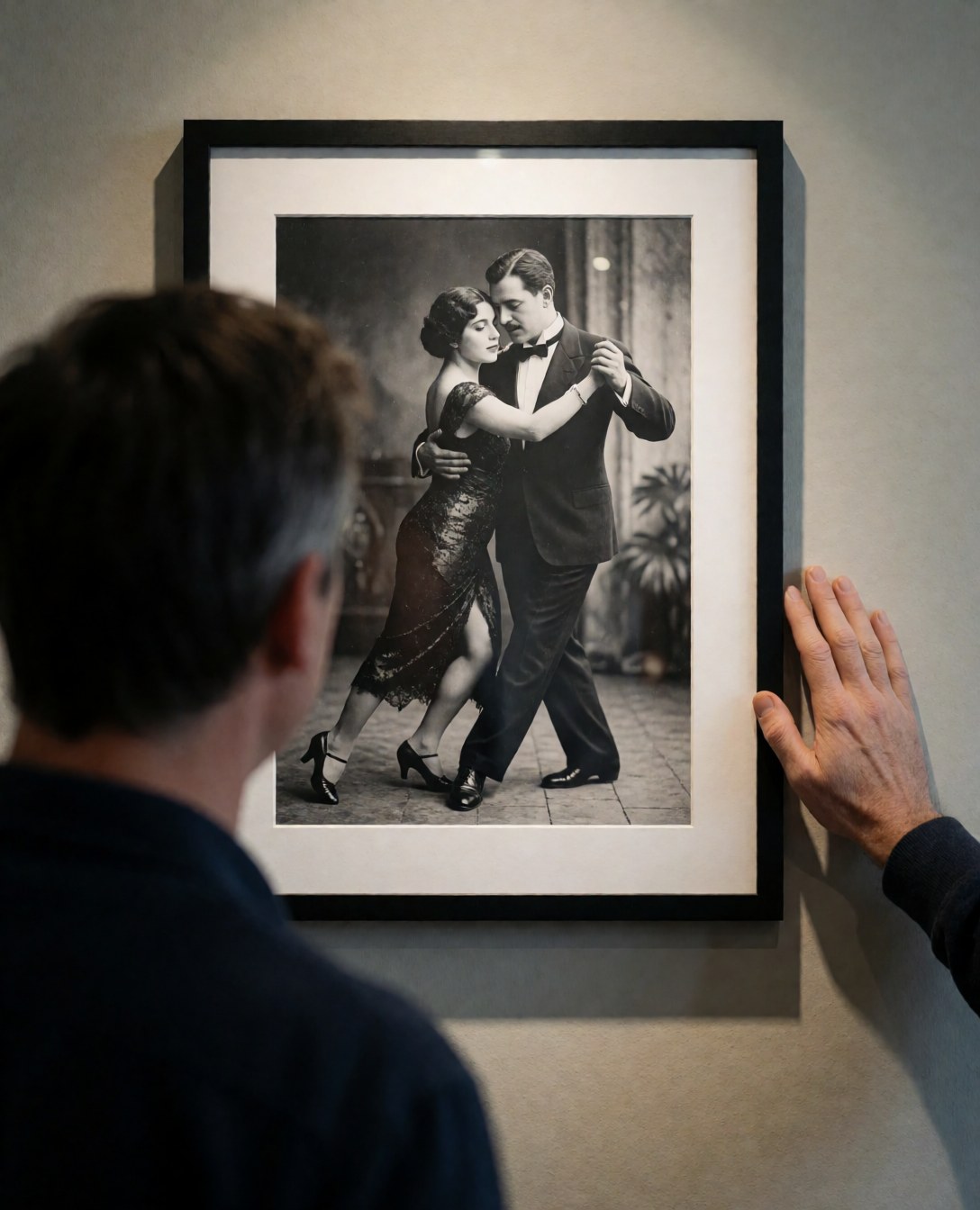 A person stands with a hand on the wall, looking at a framed picture of tango dancers under soft focused lighting.