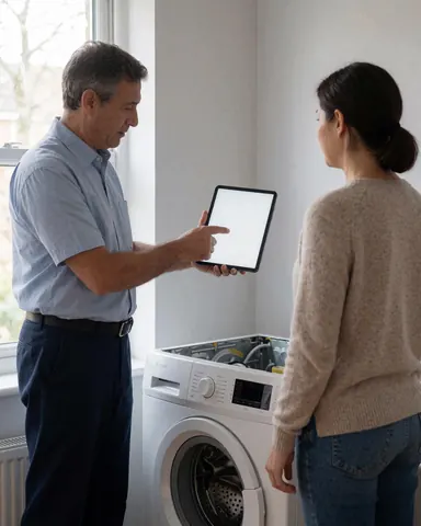 Repair technician displays diagnostic information on a tablet to a customer in front of a disassembled washing machine in a well-lit room.