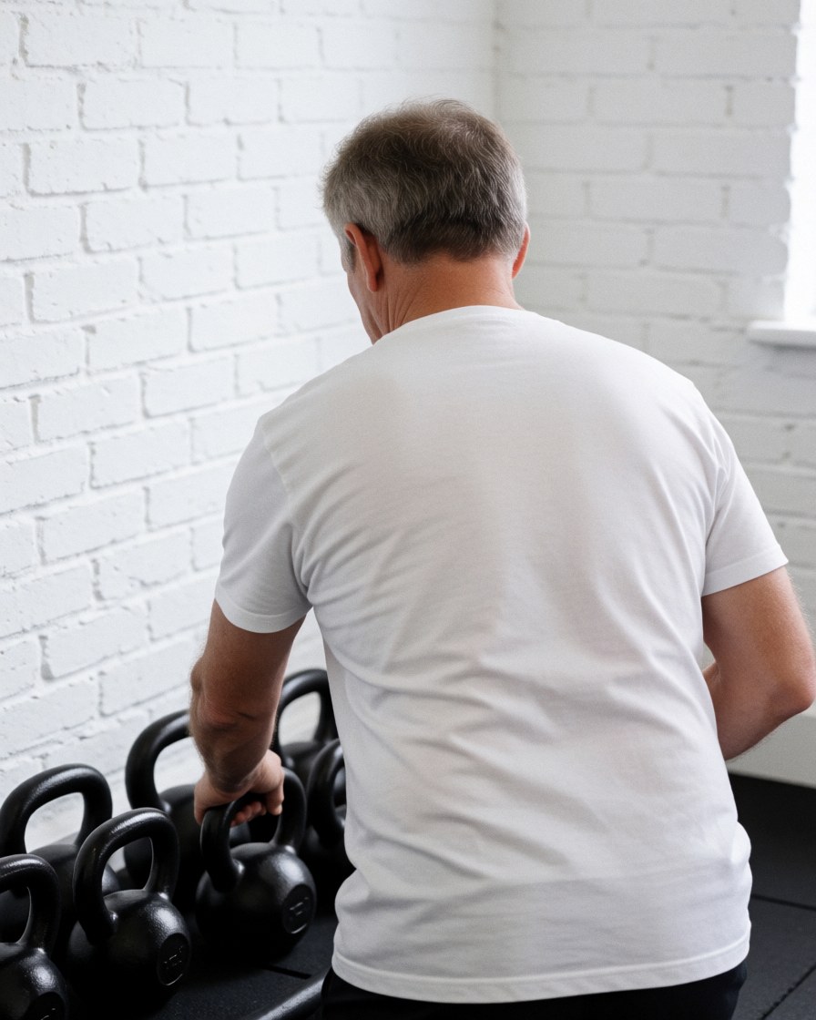 A CrossFit coach organizing black kettlebells in a gym with a white brick wall, preparing for a workout session.