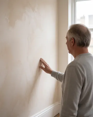 A satisfied client inspects a newly painted wall with Venetian plaster texture in a clean interior with natural light, ideal for decorative painting business.