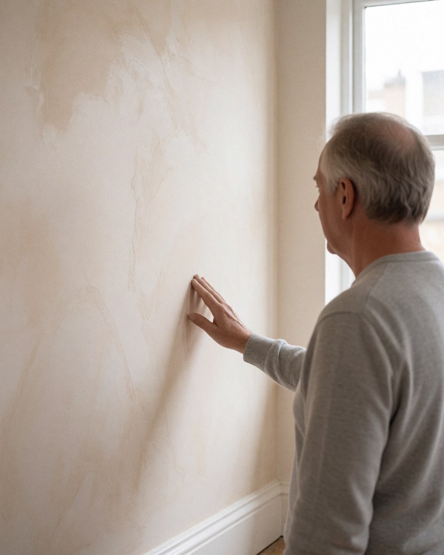 A satisfied client inspects a newly painted wall with Venetian plaster texture in a clean interior with natural light, ideal for decorative painting business.