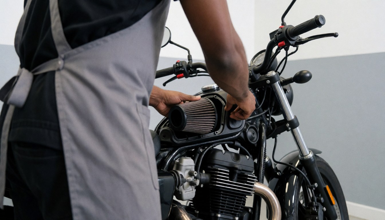 Mechanic installing air filter on motorcycle in workshop with gray walls. Motorcycle repair service in action.