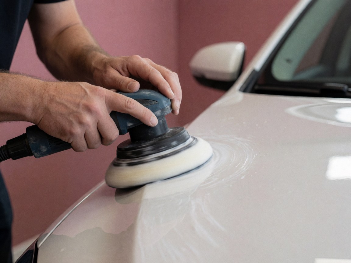 Close-up of a polishing pad applying white compound to a car paint surface against a pink wall background.