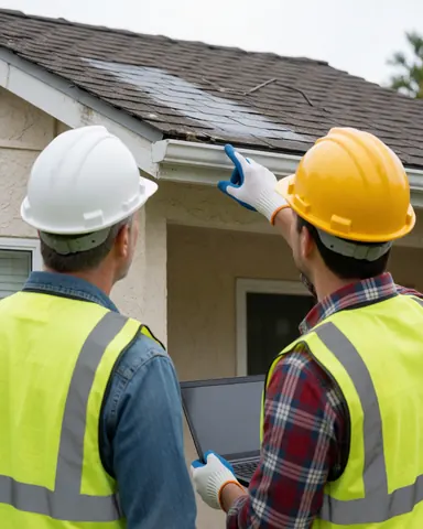 Two technicians in safety gear inspect a damaged roof, one pointing out issues on a laptop