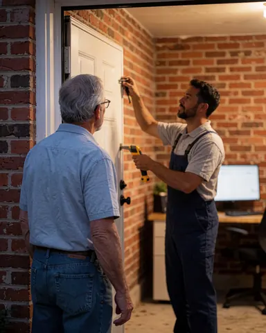 A technician installs a white garage door in a brick-walled garage while a client observes the service.