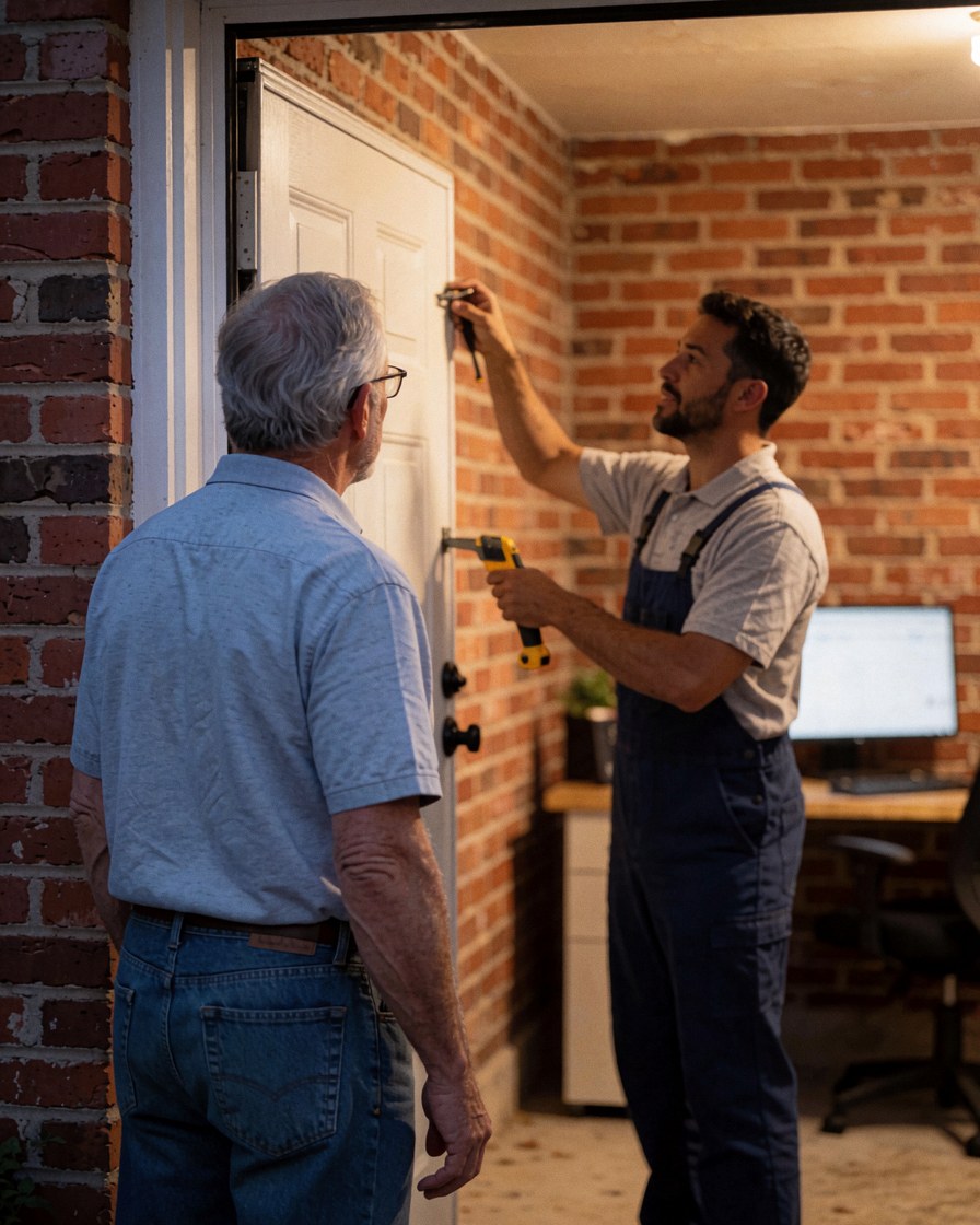 A technician installs a white garage door in a brick-walled garage while a client observes the service.