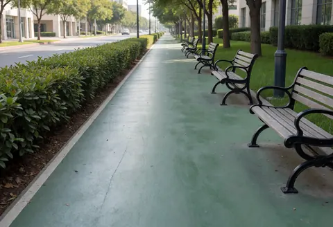 A green bike path lined with wooden benches, well-kept hedges, and trees, suitable for bicycle storefronts and interior decor.