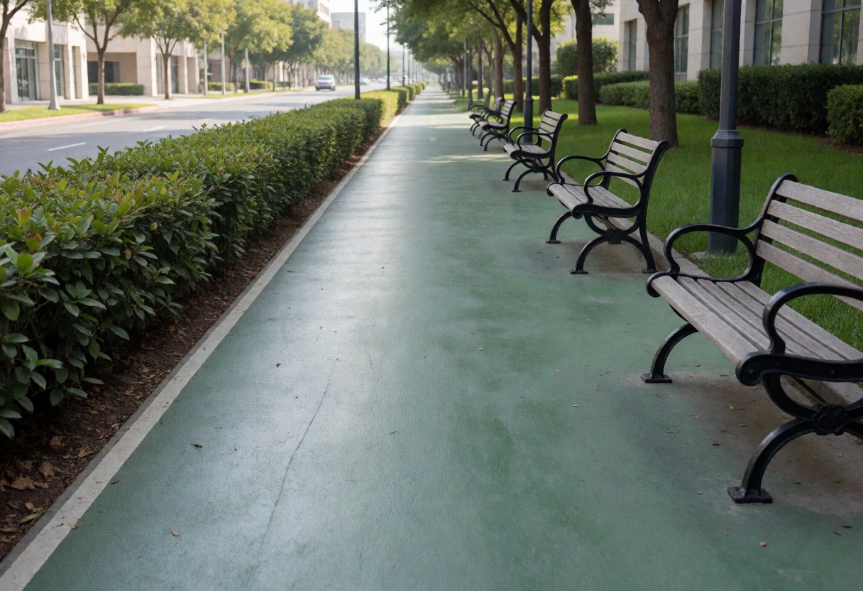 A green bike path lined with wooden benches, well-kept hedges, and trees, suitable for bicycle storefronts and interior decor.