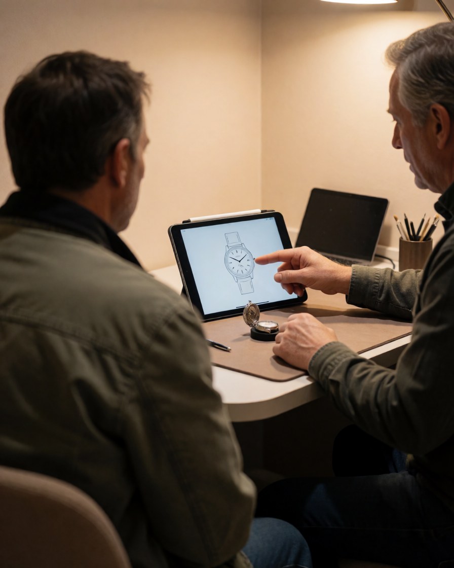 Watch repair specialist explains a timepiece issue to a customer while pointing at a tablet diagram on a table.