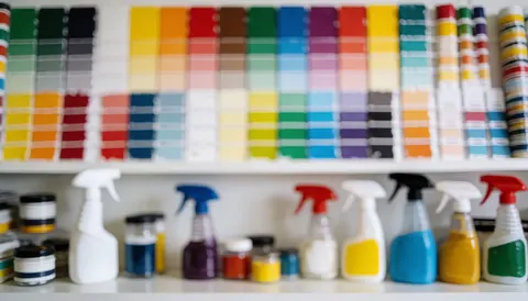 Background of paint color samples and spray cans suitable for house painting business text overlays