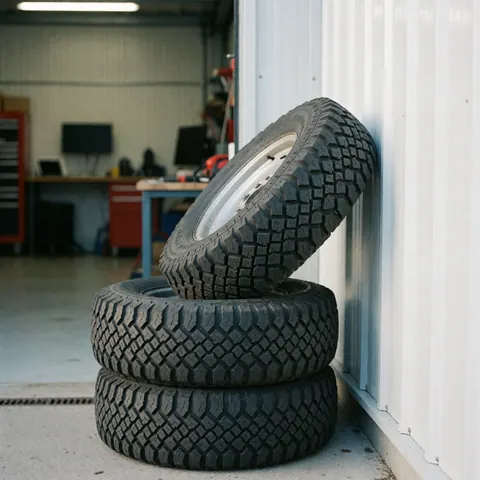 Three stacked traction tires with deep treads leaning against a white metal wall inside a tow truck service garage