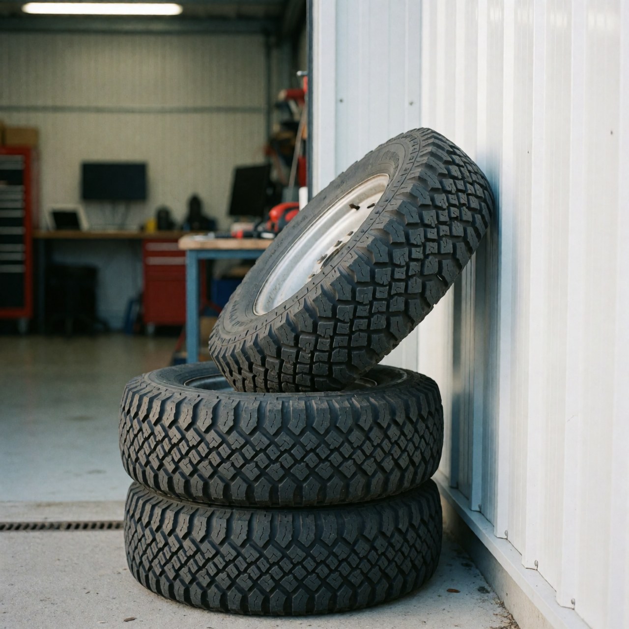 Three stacked traction tires with deep treads leaning against a white metal wall inside a tow truck service garage