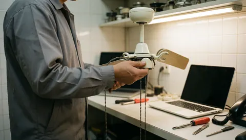 Technician holding a detached fan chain in a workshop with tools and white tiles in the background