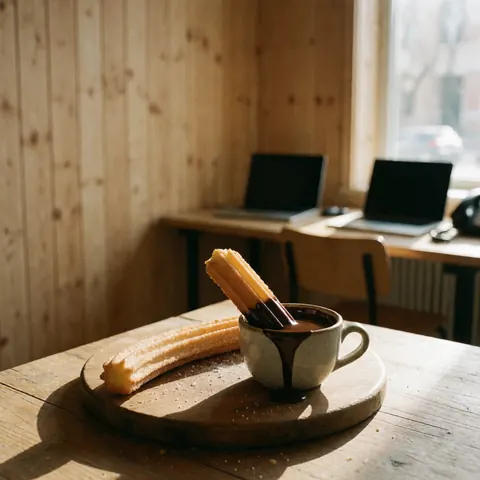 Freshly fried churro served with chocolate sauce in a cup on a wooden table with natural light