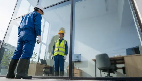 Worker wearing helmet and reflective vest cleaning glass with visible office reflection during daylight service