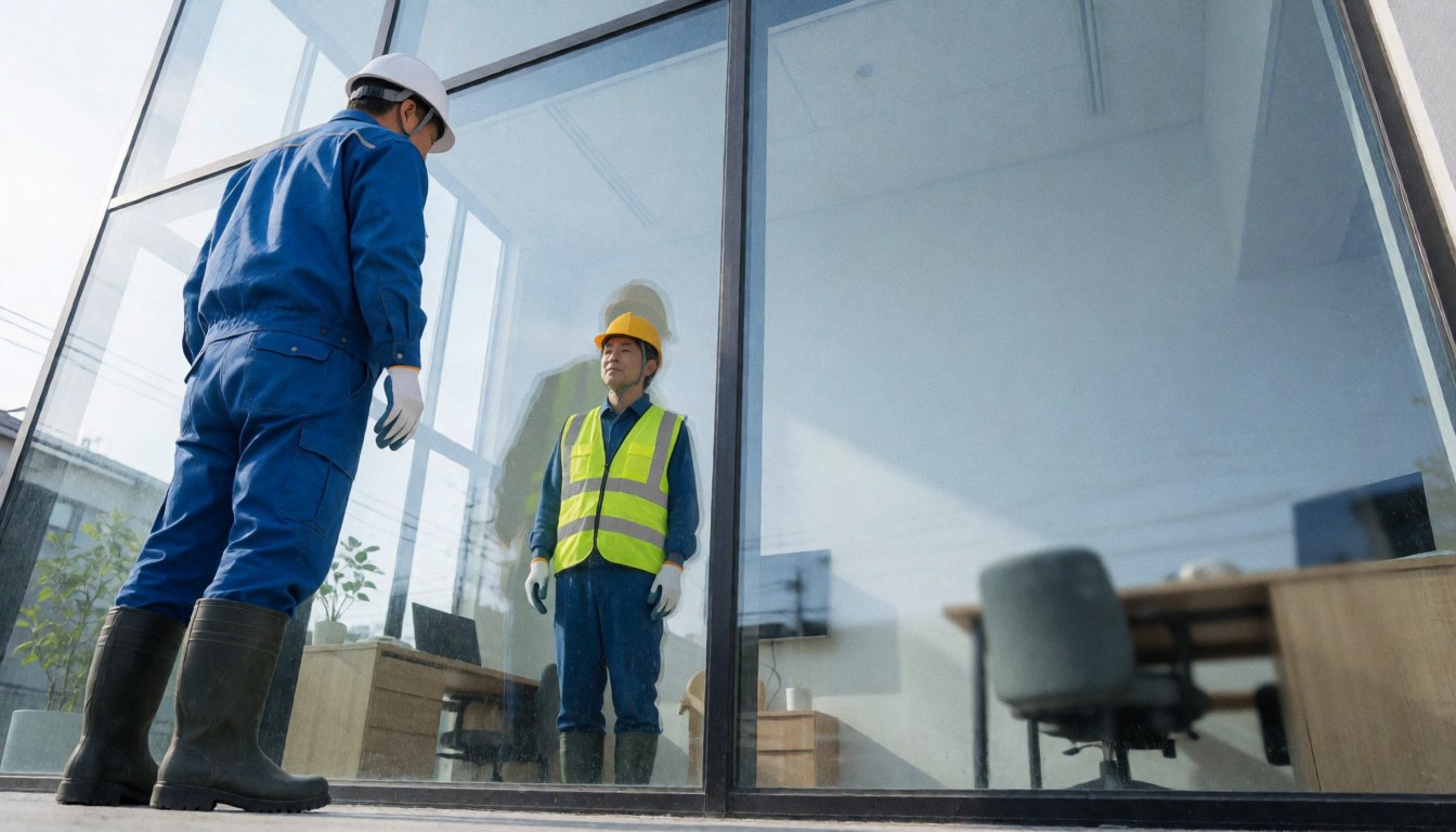 Worker wearing helmet and reflective vest cleaning glass with visible office reflection during daylight service