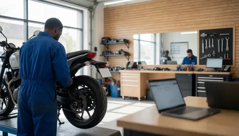 Mechanic repairing motorcycle rear wheel in a modern workshop with wooden walls and hanging tools