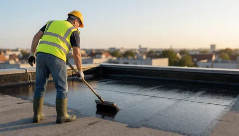 Mason wearing safety gear applying black sealant to a flat roof with a brush against a city sunset backdrop