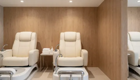 Luxury pedicure chairs with foot baths, towels, and light wood walls in a modern beauty salon interior.
