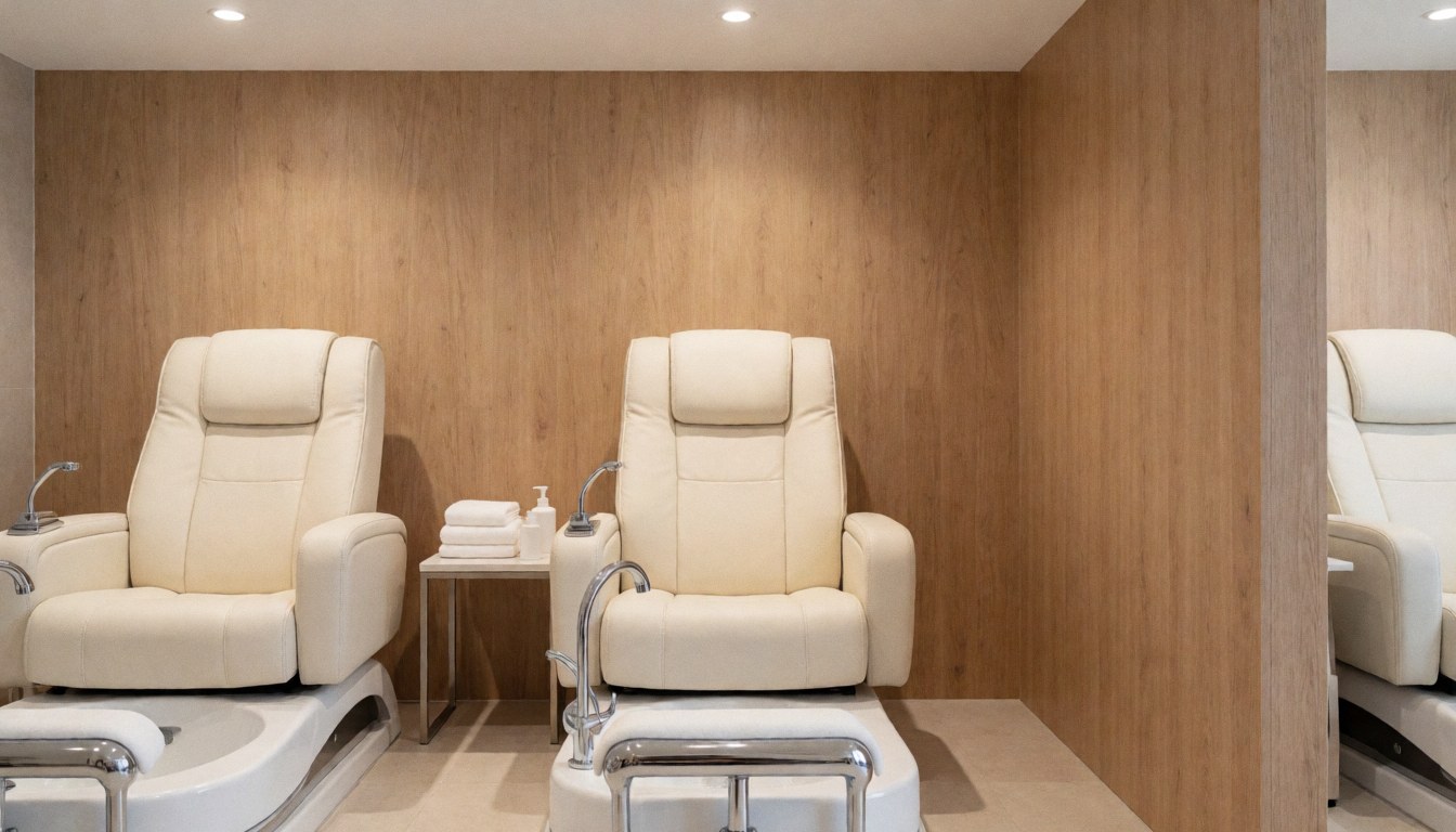 Luxury pedicure chairs with foot baths, towels, and light wood walls in a modern beauty salon interior.