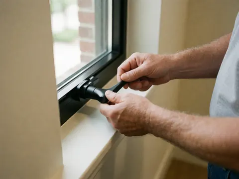 Close-up of a hand tightening a black window handle on an aluminum frame against a beige wall with natural light