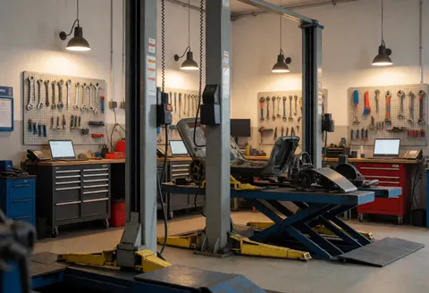 Auto body being repaired on a hydraulic lift in a workshop with tools on shelves and industrial lights.