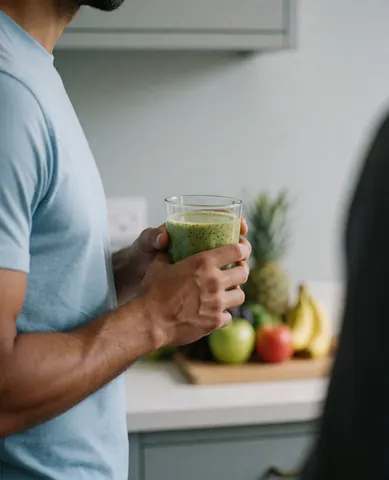 A man holding a glass of green smoothie with fresh fruits in the background, representing sports nutrition and healthy lifestyle.