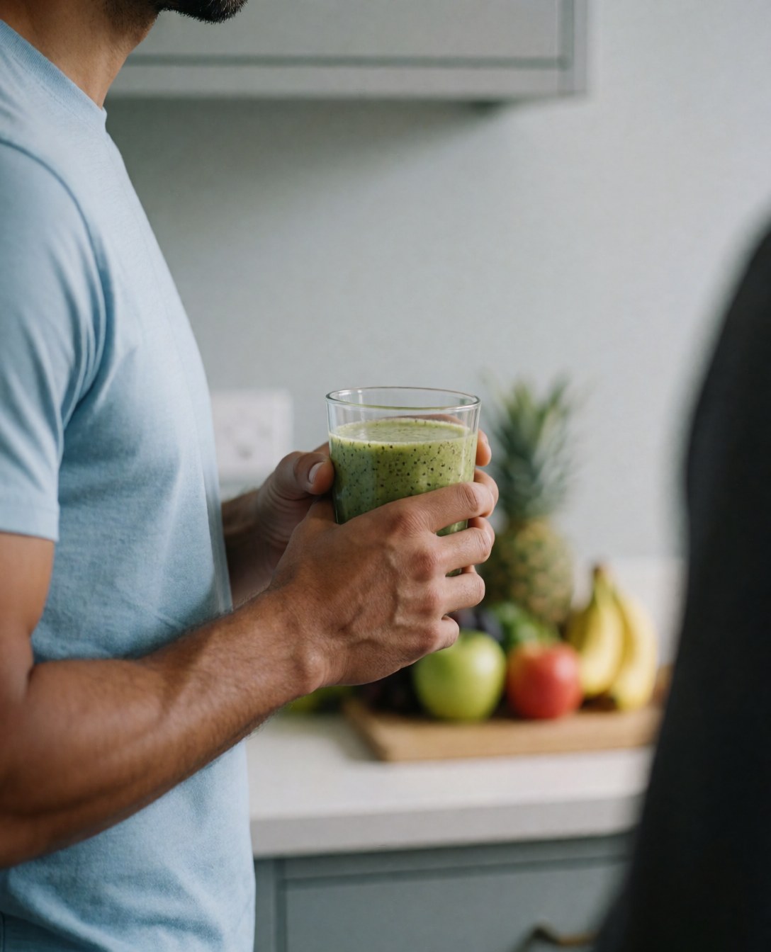 A man holding a glass of green smoothie with fresh fruits in the background, representing sports nutrition and healthy lifestyle.
