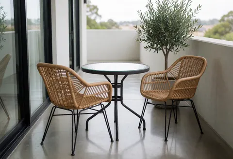 Modern apart-hotel balcony featuring a glass table, two rattan chairs, and an olive tree on polished concrete flooring.