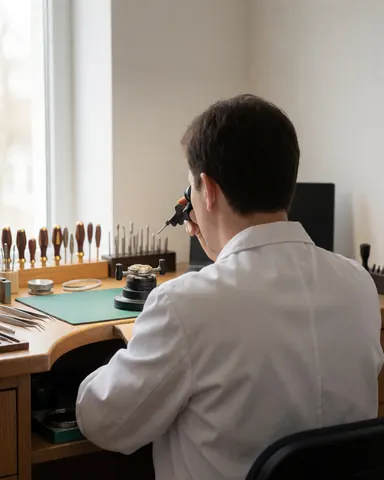 Watchmaker in white coat inspects watch movement with magnifying glass on wooden workbench with tools