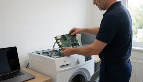 Close-up of a technician's hands installing a control board inside a washing machine during repair work with natural lighting