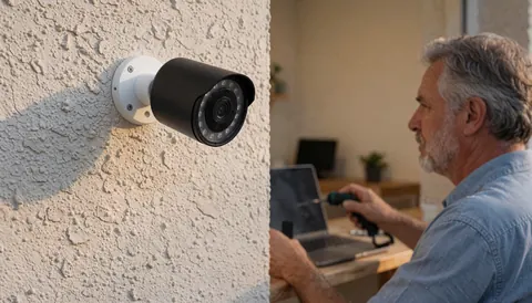 Black security camera mounted on a stucco wall with a technician working nearby using a screwdriver and laptop.