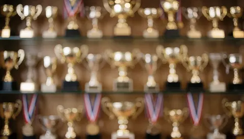 Out-of-focus shelf with golden trophies and medals, providing a warm textured backdrop for karate achievement text.
