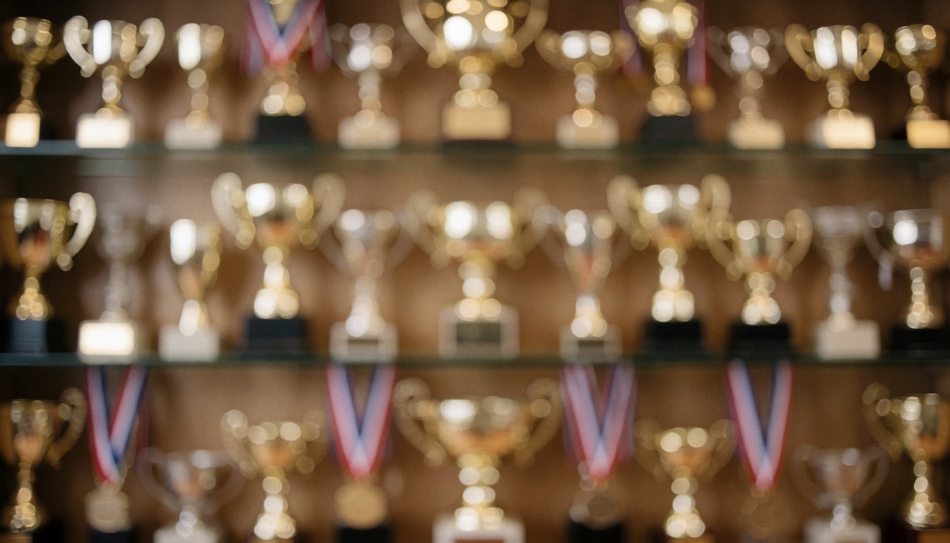 Out-of-focus shelf with golden trophies and medals, providing a warm textured backdrop for karate achievement text.