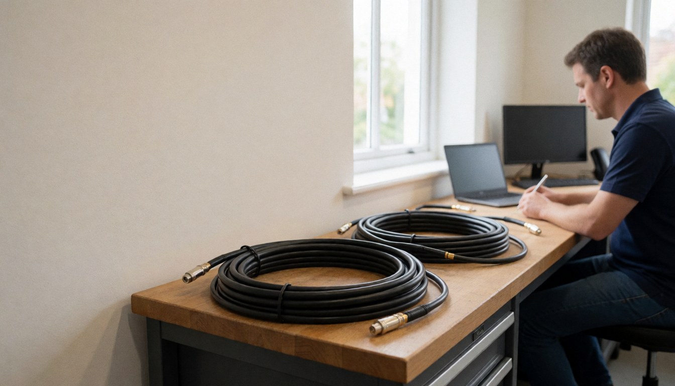 Coaxial antenna cables coiled on a wooden table in a well-lit workshop with white walls and natural window light