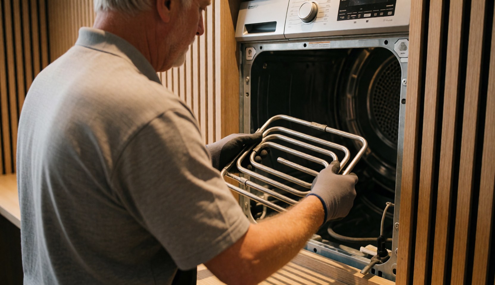 Technician installing a new heating element in an open dryer with wooden walls in the background.